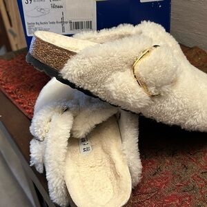 Birkenstock Cream Shearling with Gold Buckle